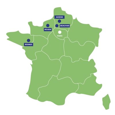 carte de France avec la localisation de nos 4 campus : Amiens, Beauvais, Rouen et Rennes. La ville de Paris est également indiquée.